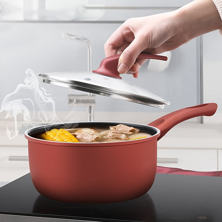 18cm Cast Iron Saucepan with Glass Lid Non-Stick Induction Compatible Cooking Pot