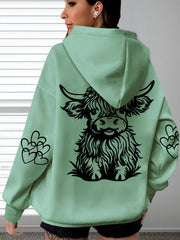 Women's Oversized Cozy Hoodie Brown Highland Cow Print Long Sleeve Pullover Casual