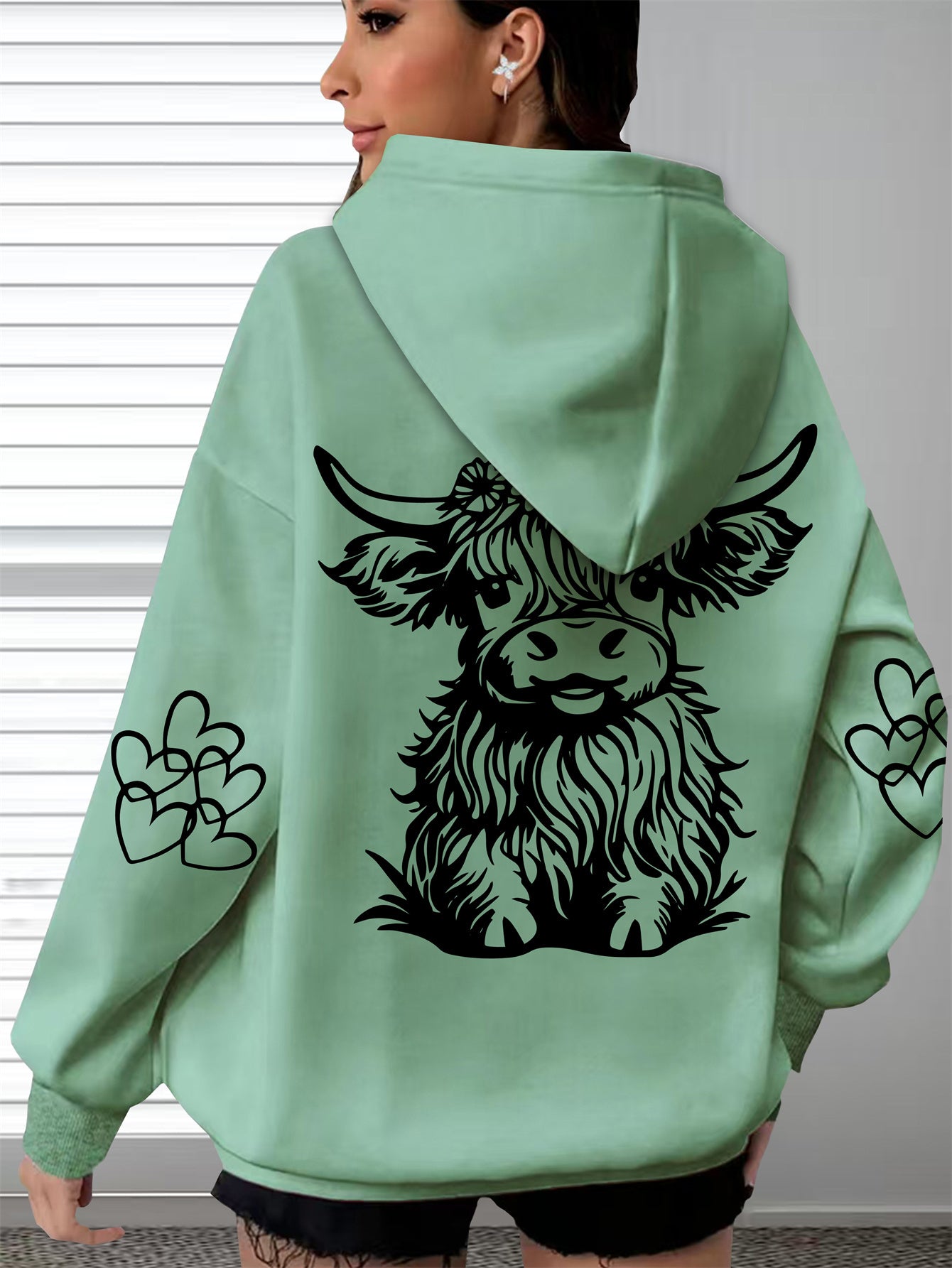 Women's Oversized Cozy Hoodie Brown Highland Cow Print Long Sleeve Pullover Casual