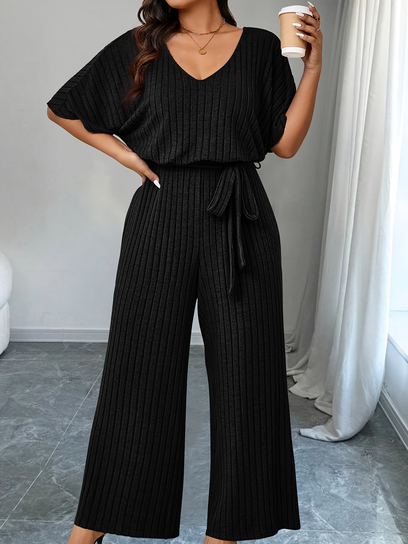Plus Size Ribbed Wide Leg Jumpsuit Casual Belted Short Sleeve V Neck