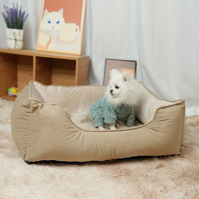 Square Pet Bed for Medium to Large Dogs Beige Warm Polyester Fiber Cushion Winter Comfort