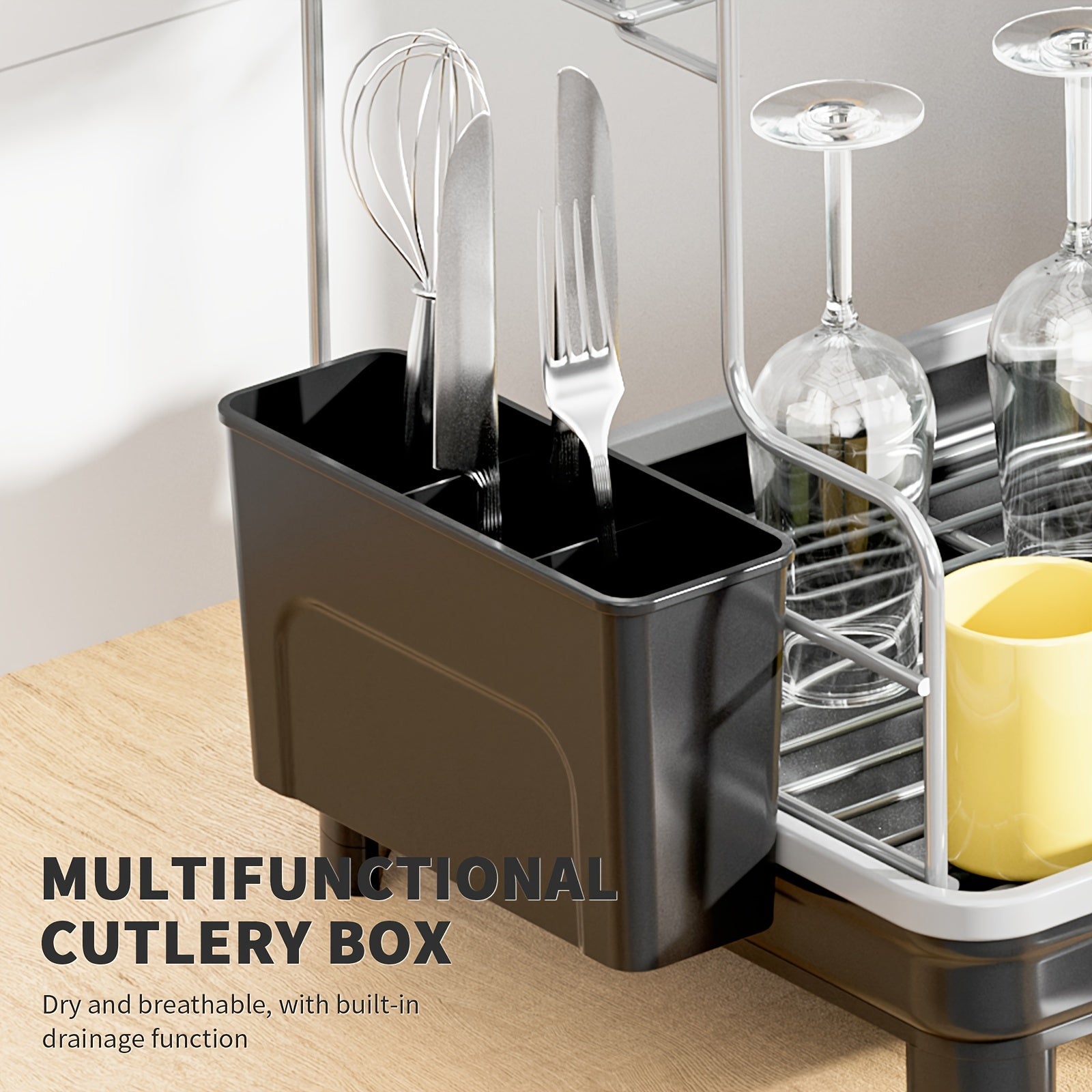 Estante de secado de platos de metal y plástico de 2 niveles con bandeja de drenaje y caddy para fregadero