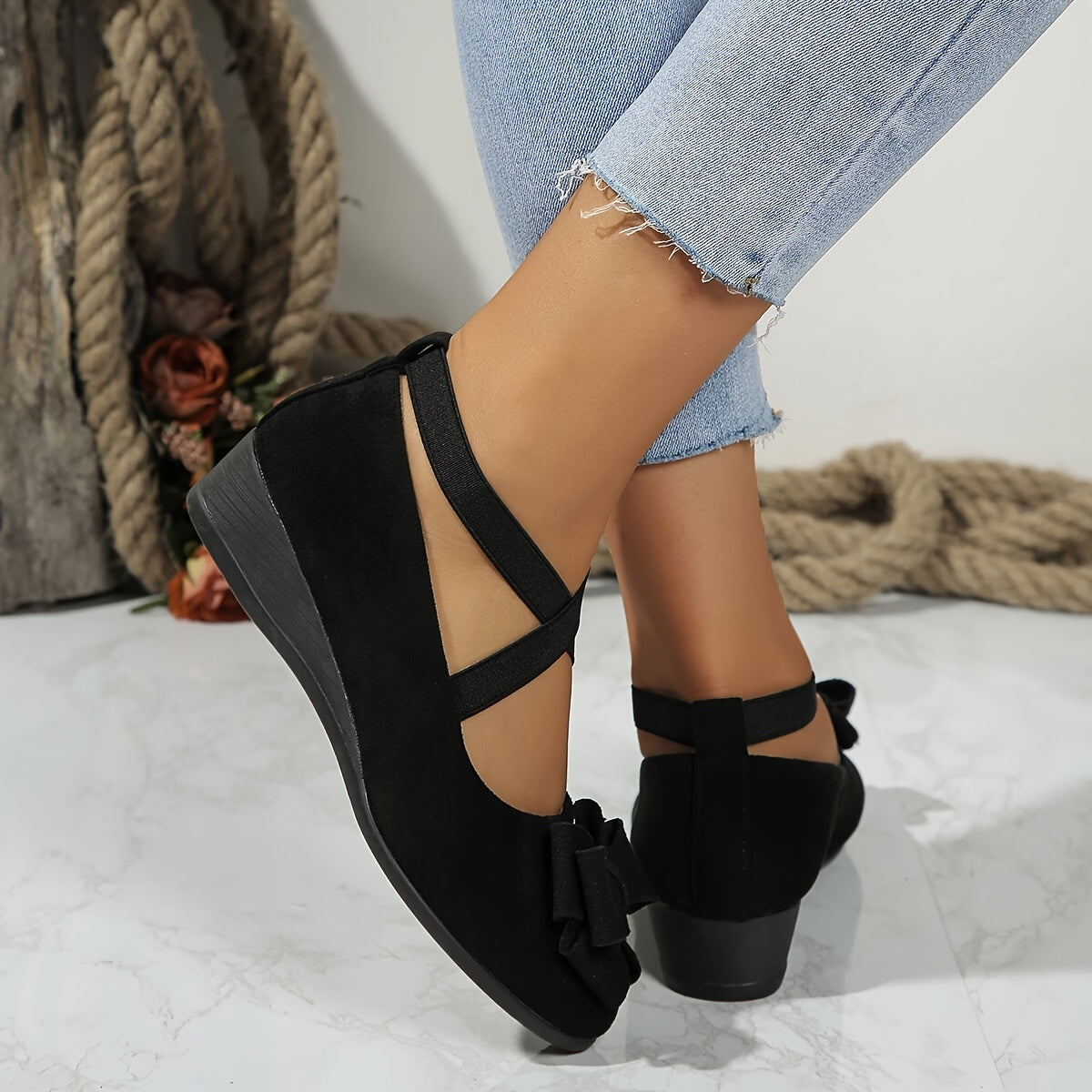 Women's Flat Shoes Cross Strap Bow Slip-On Comfortable All-Season Black