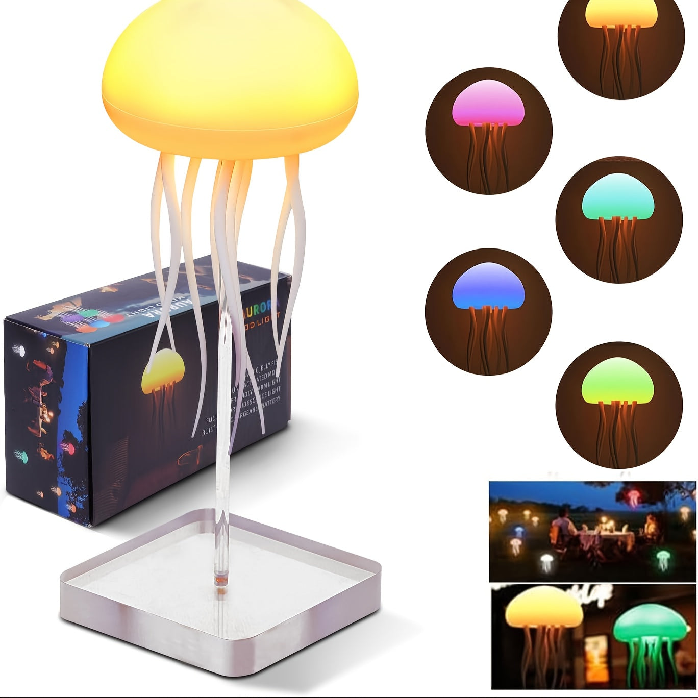 Jellyfish Night Light with Color Changing Voice Control Rotatable USB Rechargeable LED Indoor Outdoor