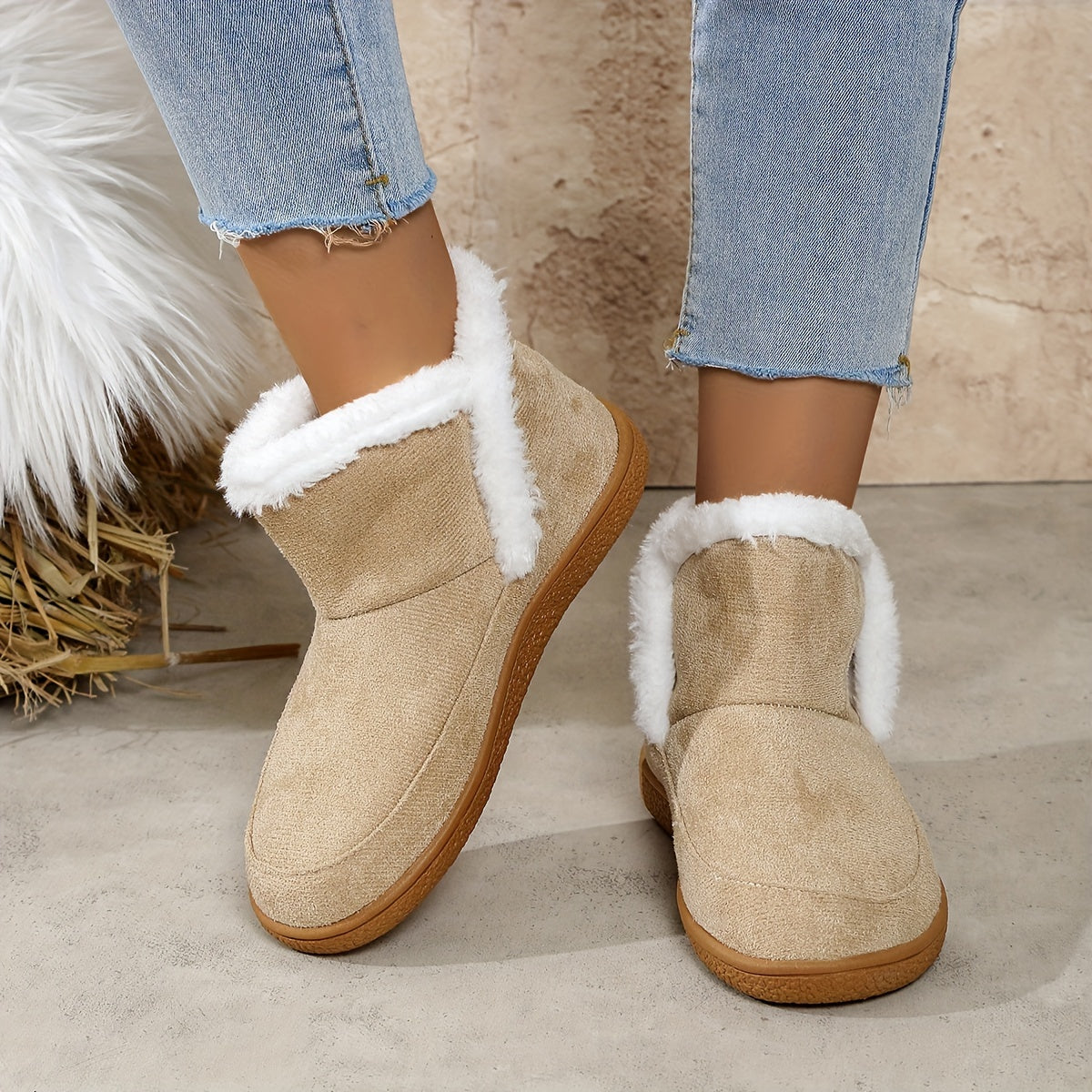 Women's Winter Plush Lined Slip-On Ankle Boots with Rubber Sole