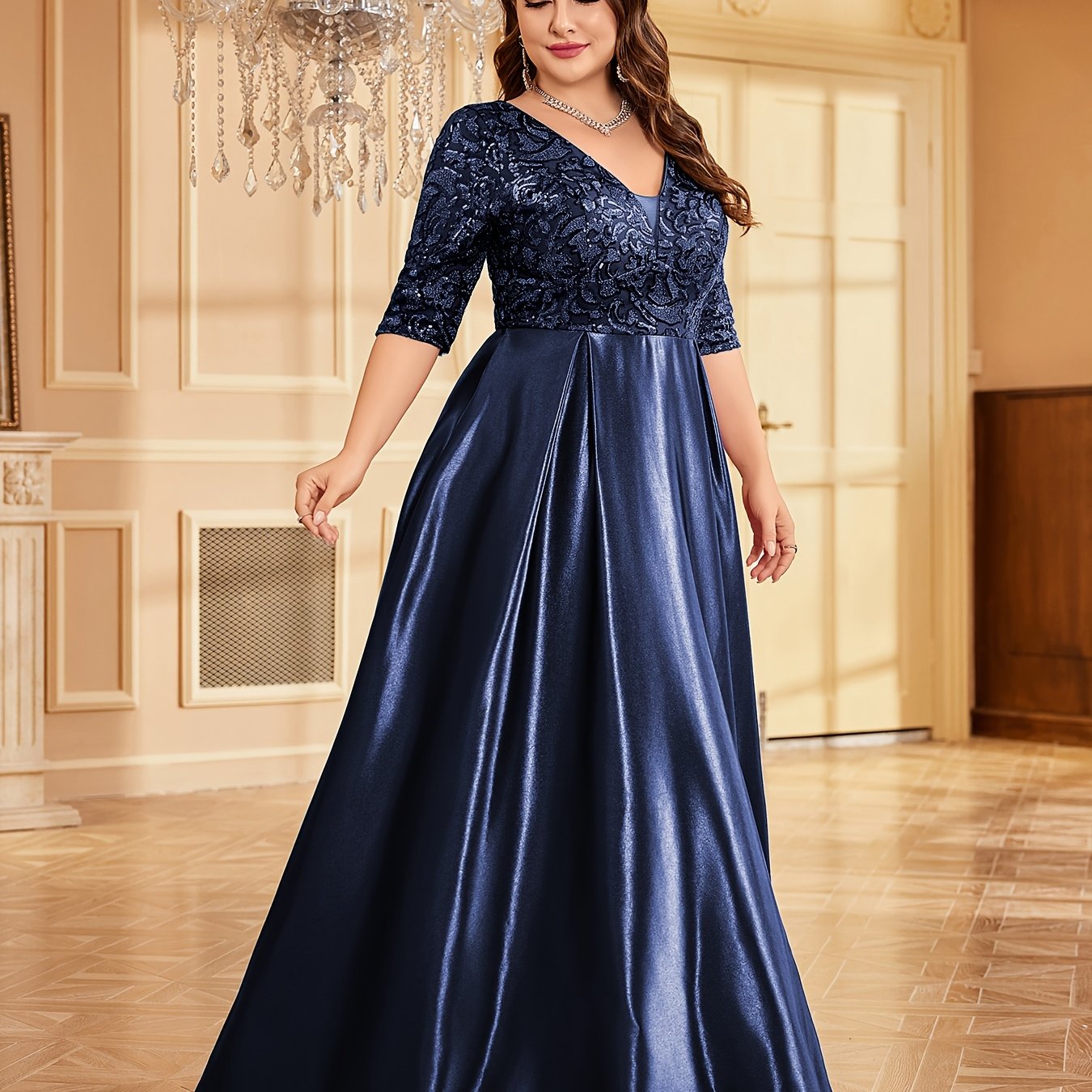 Women Long Dress Solid Color Mid-Sleeve Sequin Party Evening Gown
