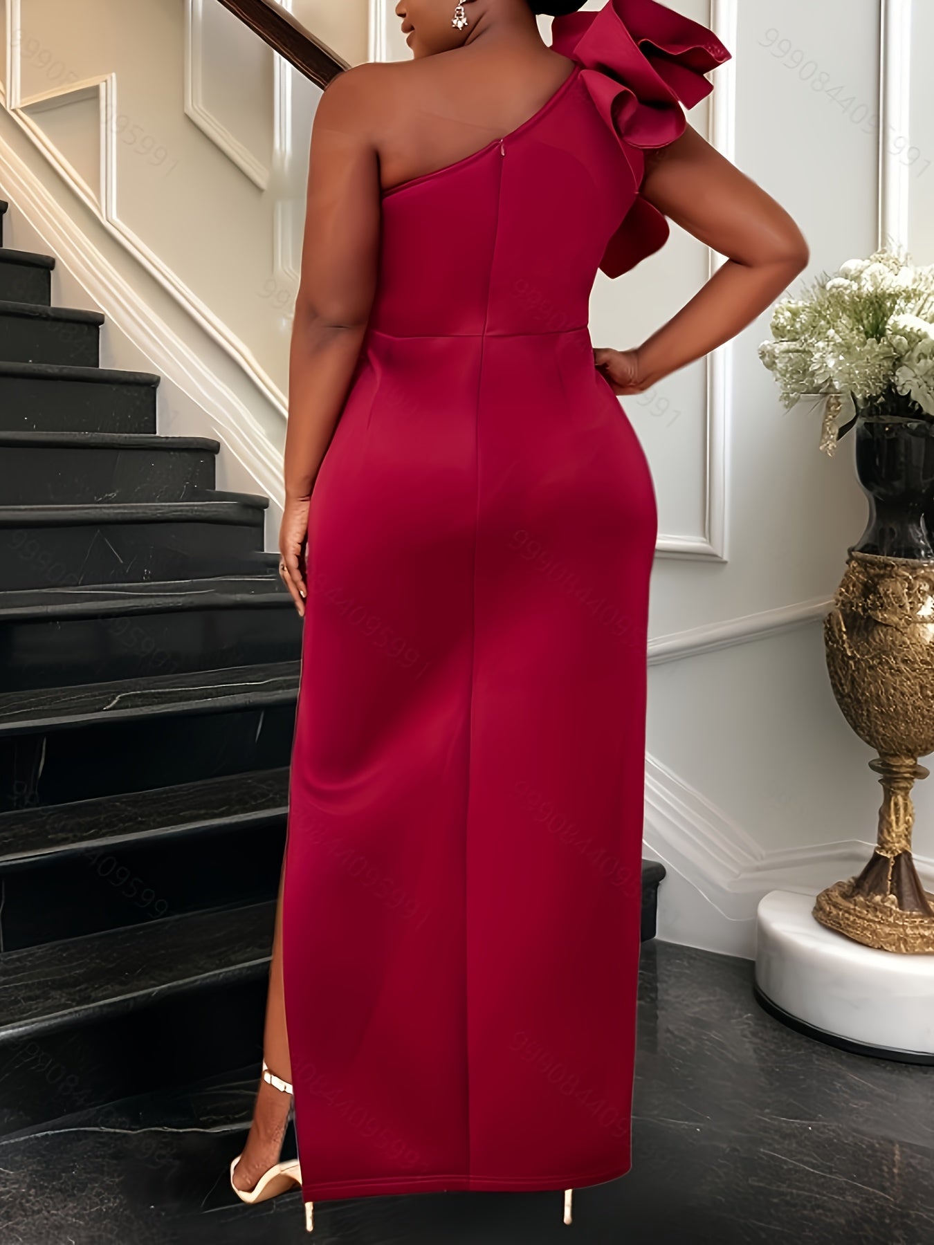 Women's Burgundy Lace-Trimmed One-Shoulder Party Dress with Ruffle and Asymmetrical Hem