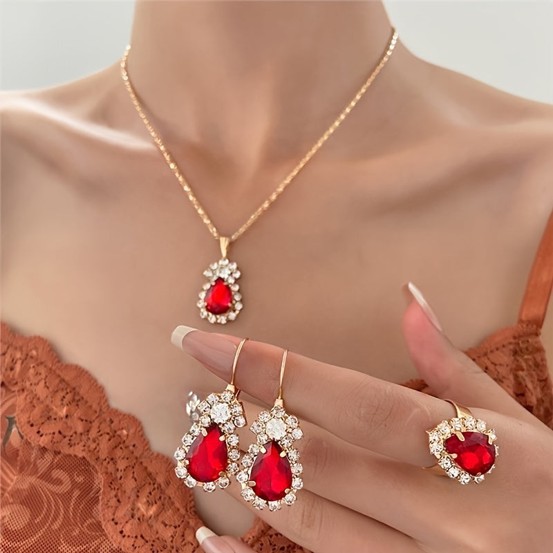 Women’s Alloy Jewelry Set with Teardrop Pendant Earrings and Ring for Daily Wear