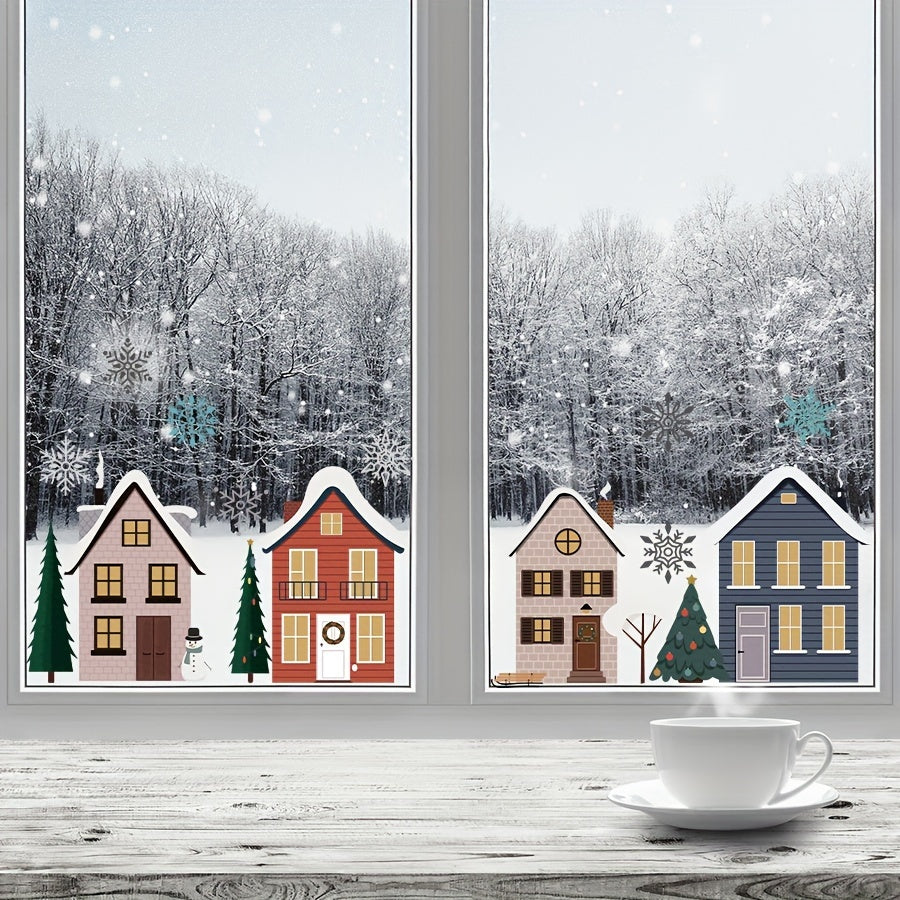 Christmas Window Clings Watercolor House Snowflake Design Self-Adhesive Detachable PVC