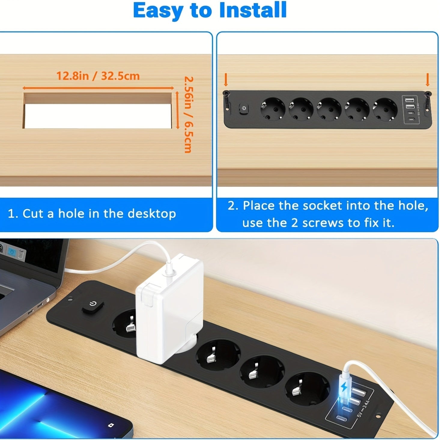 Home Power Strip with 4 USB Ports, 5 DC Sockets, High Power Socket and 6.56 ft Extension Cord
