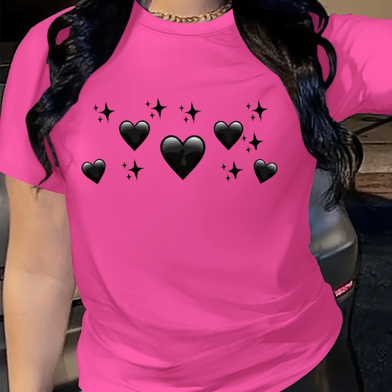 Women's Oversized Bright Pink T-Shirt with Black Heart & Star Print Casual Top