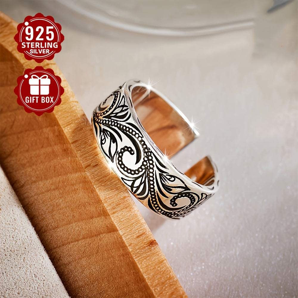 Anillo de plata de ley bohemio ajustable con diseño de hoja de encaje, hoja y flor, unisex