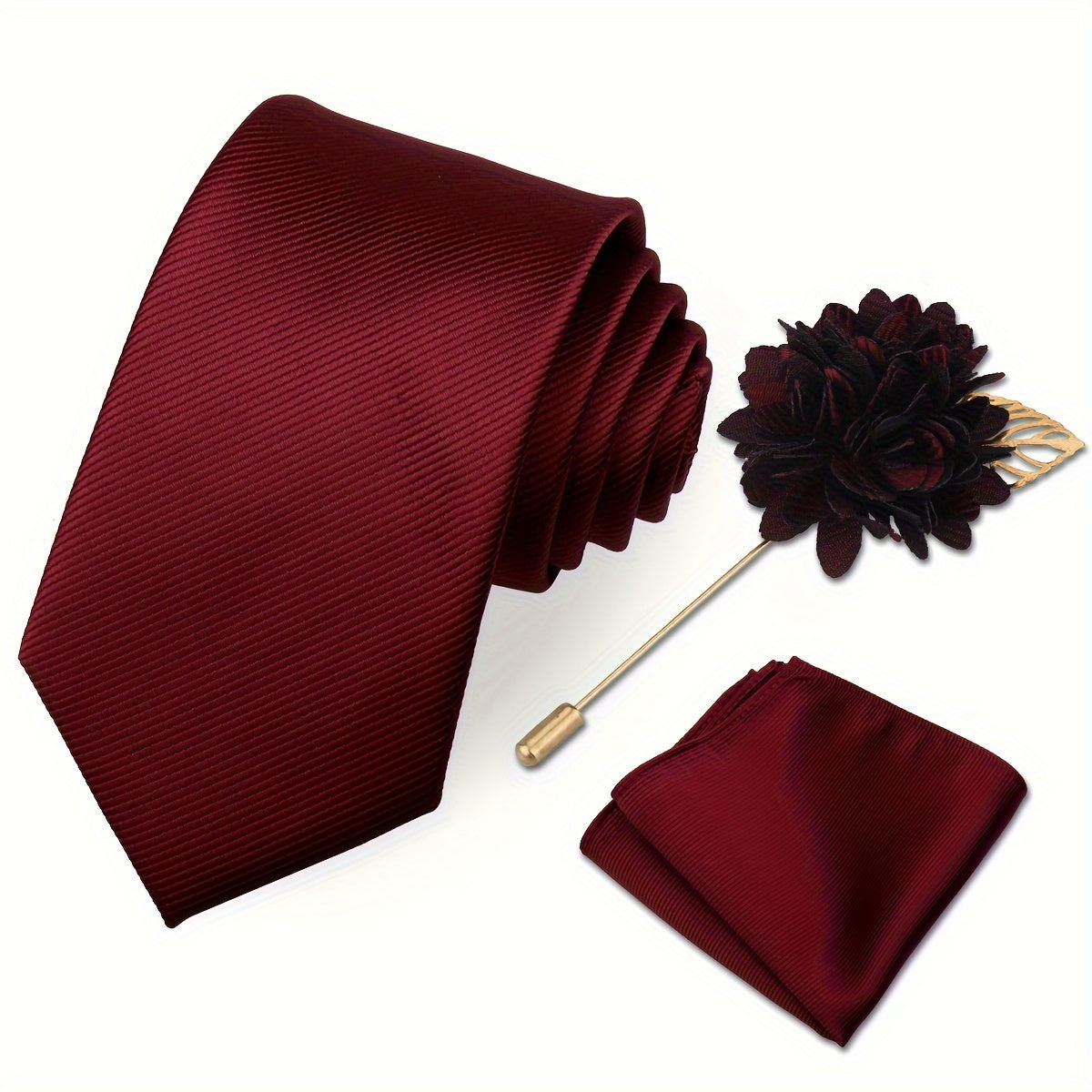 Men's Tie Set with Pocket Towel and Brooch, Classic Striped Plain Design