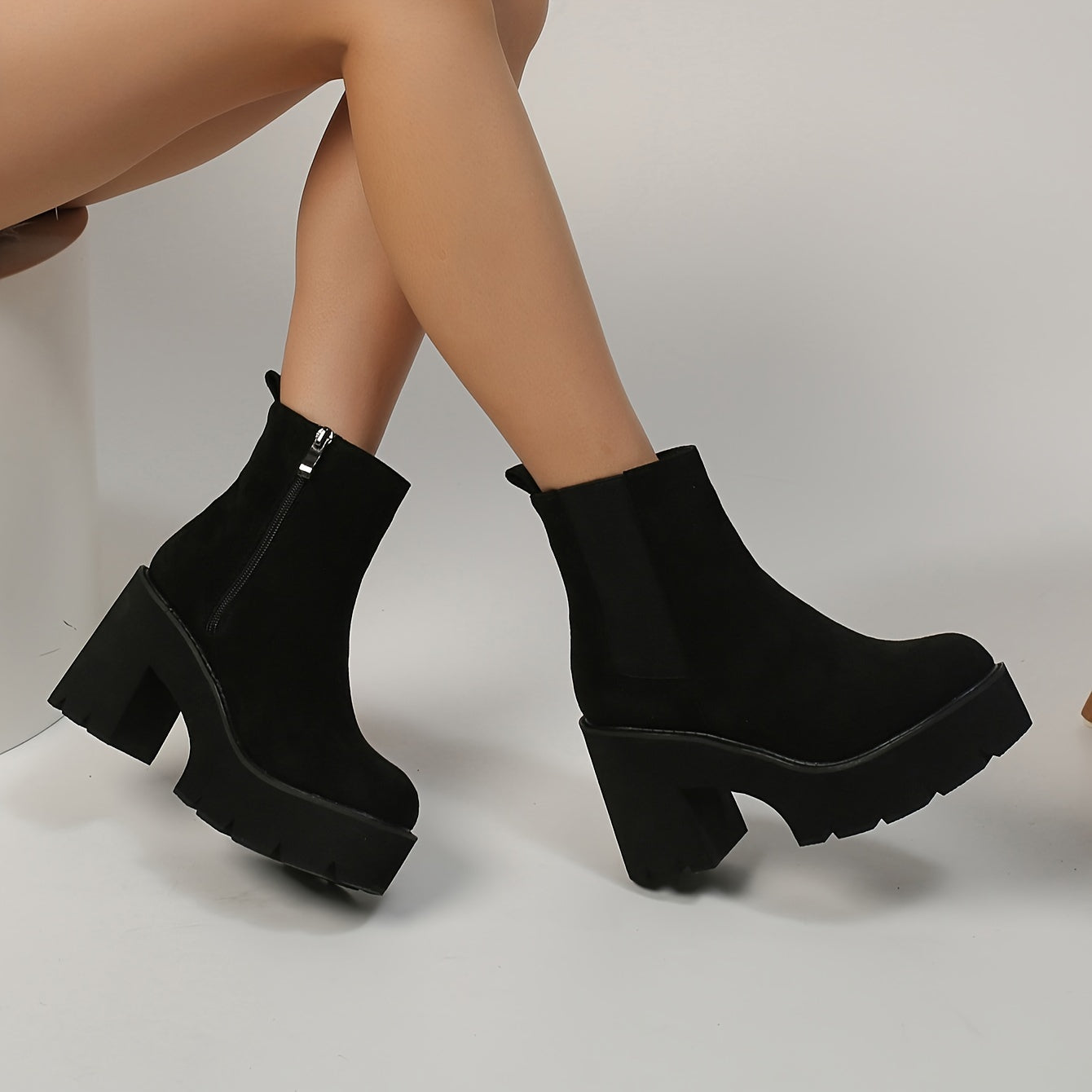 Women's Solid Color Platform Boots with Chunky Heels and Round Toe