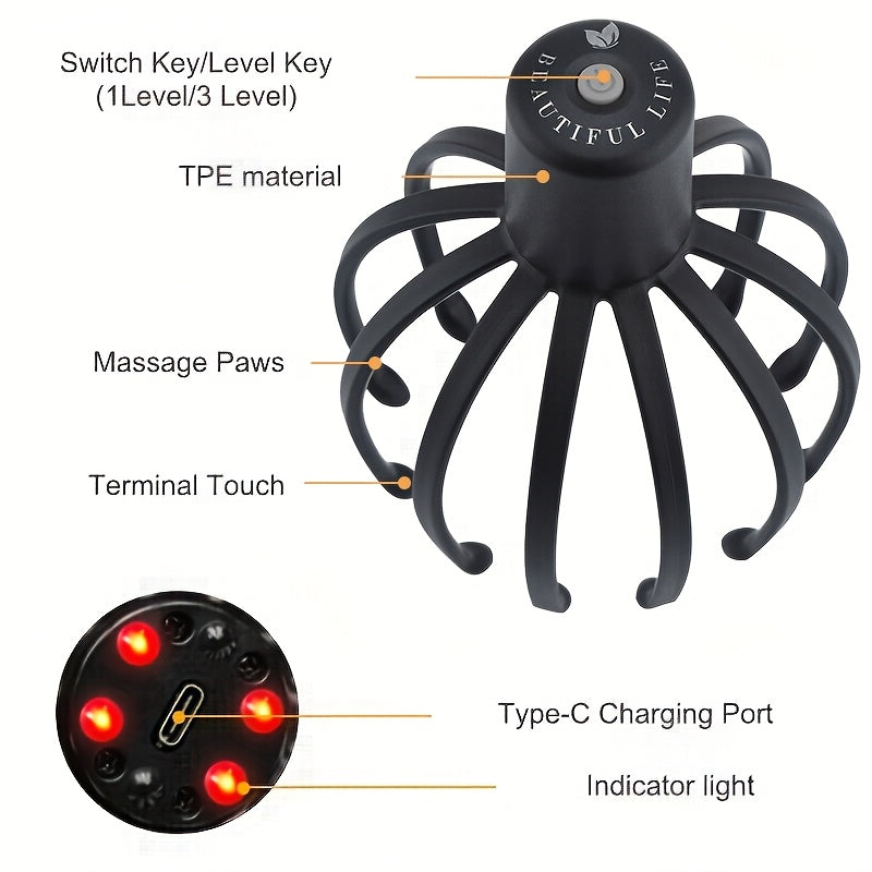 USB orqali zaryadlanadigan bosh massajchi, chuqur to'qima stimulyatsiyasi uchun 360° ko'p tikanli vibratsiya; portativ va uyda foydalanish uchun mukammal.