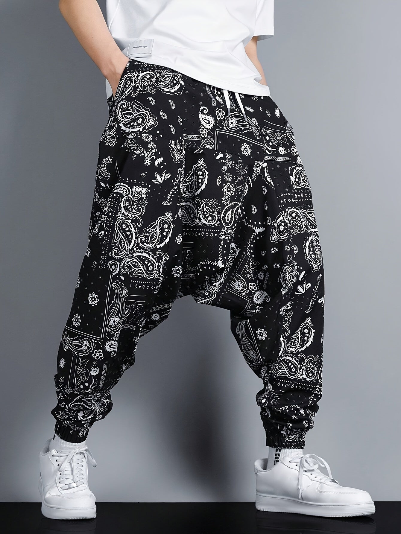 Pantalones jogger oversize para hombre con estampado de patrón paisley en poliéster, ropa casual de calle