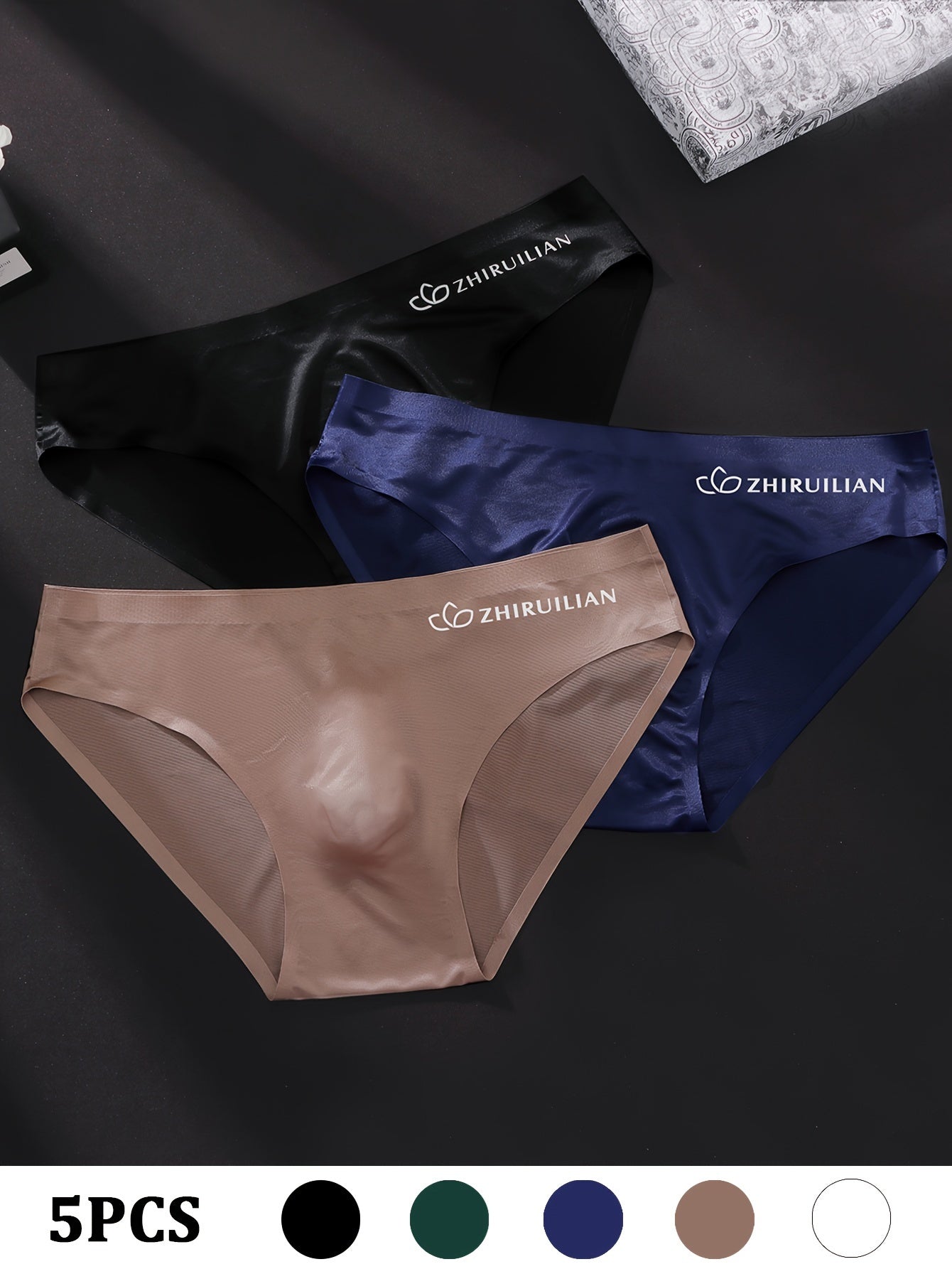 5 dona ZHIRLIAN erkaklar uchburchak shortlari, tikuvsiz va nafas oladigan naylon-spandeks aralashmasi, jozibali harflar bosma, turli ranglarda