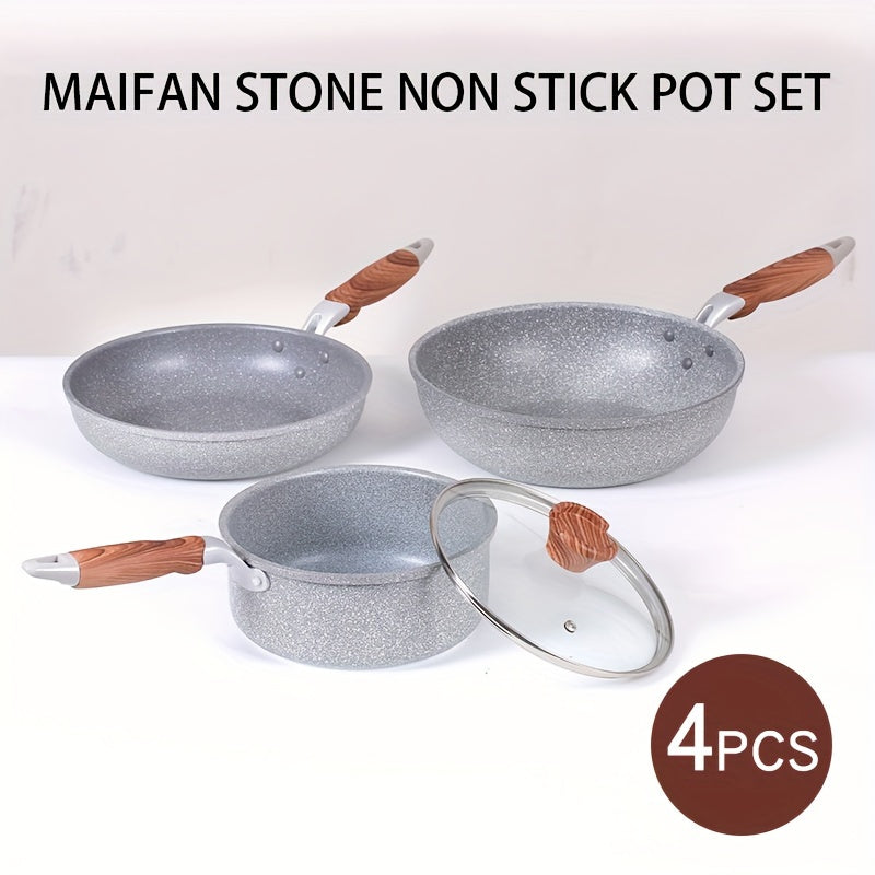 Japanese Cookware Set 4 Pieces Non-Stick Aluminum Skillets with Glass Lids