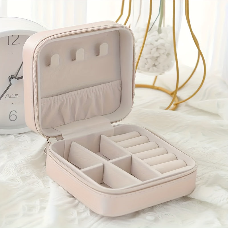 Leather Jewelry Organizer with Zipper Closure and Fabric-Lined Compartments