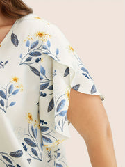 Plus Size Floral Print Blouse Casual V Neck Petal Sleeve Spring Women