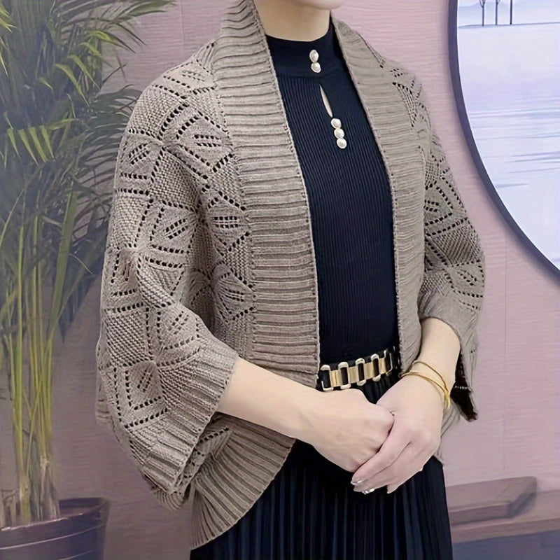 Black Knit Cardigan Shawl for Women Autumn Winter Soft Acrylic Layering Wrap with Three-Quarter Sleeves