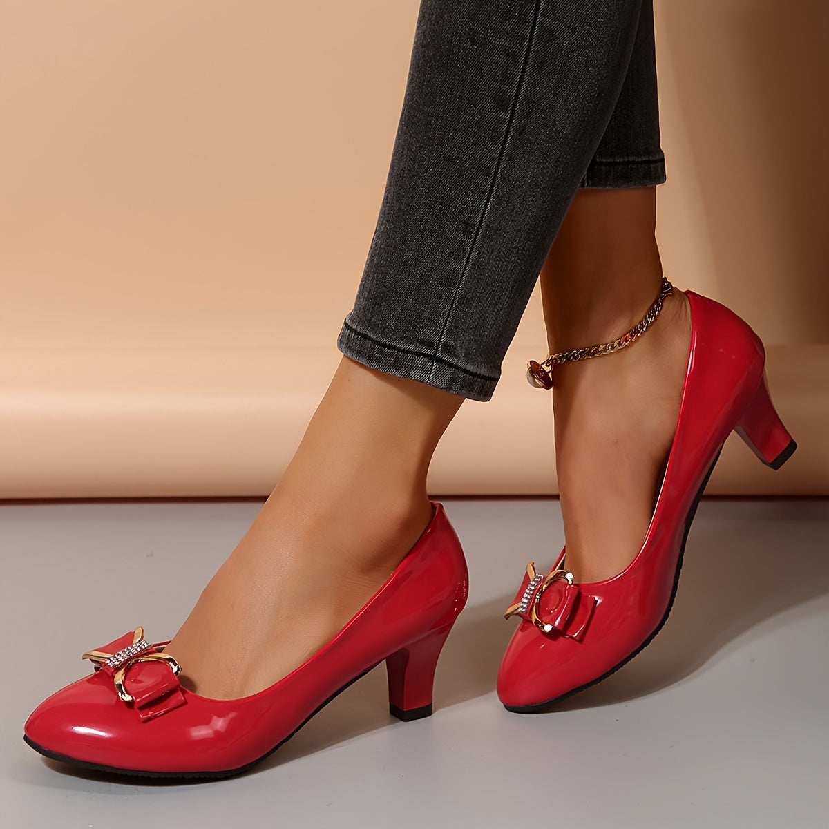 Women's Rhinestone Bow Pumps Chunky Heel Pointed Toe Dress Shoes