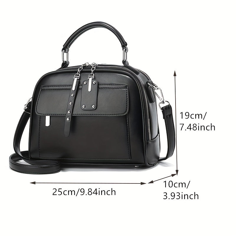 Women's Black PU Casual Shoulder Bag with Zipper Closure and Polyester Lining