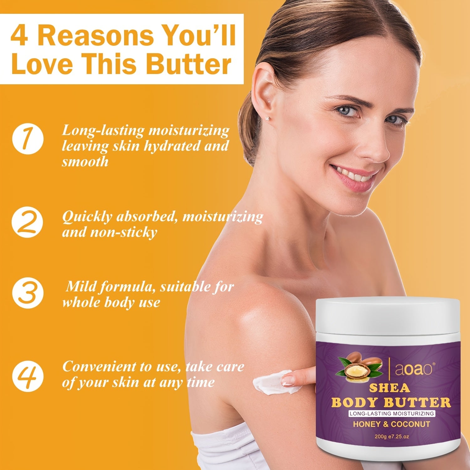 Aoao Shea Body Butter kokos yog'i va E vitamini bilan - Gipoallergen, barcha teri turlari uchun namlovchi krem, silliq va porloq teri uchun tabiiy ingredientlar