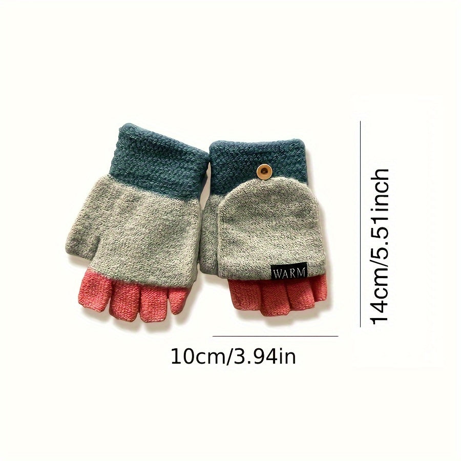 Women's Convertible Knit Gloves Windproof Cold-Resistant Cashmere Half-Finger with Flip Cover
