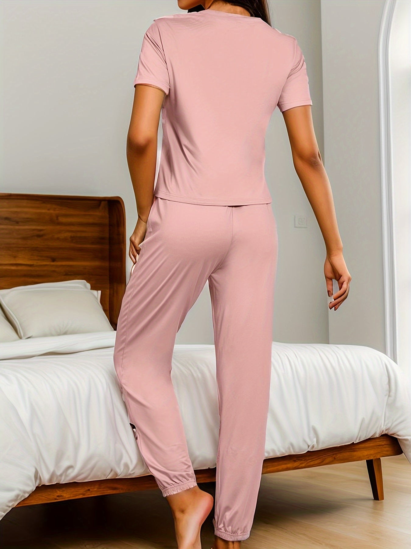 Conjunto de pijama para mujer con estampado de letras, manga corta, cuello redondo y pantalones para primavera y verano