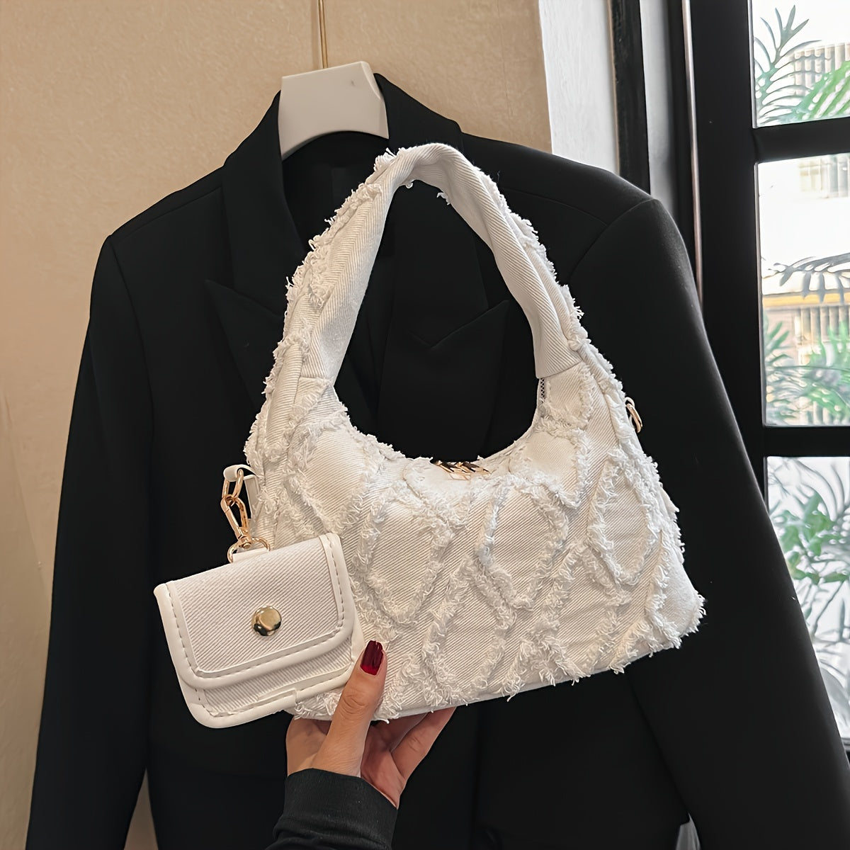 Light Blue Denim Shoulder Bag with Diamond Pattern and Fringe Detail