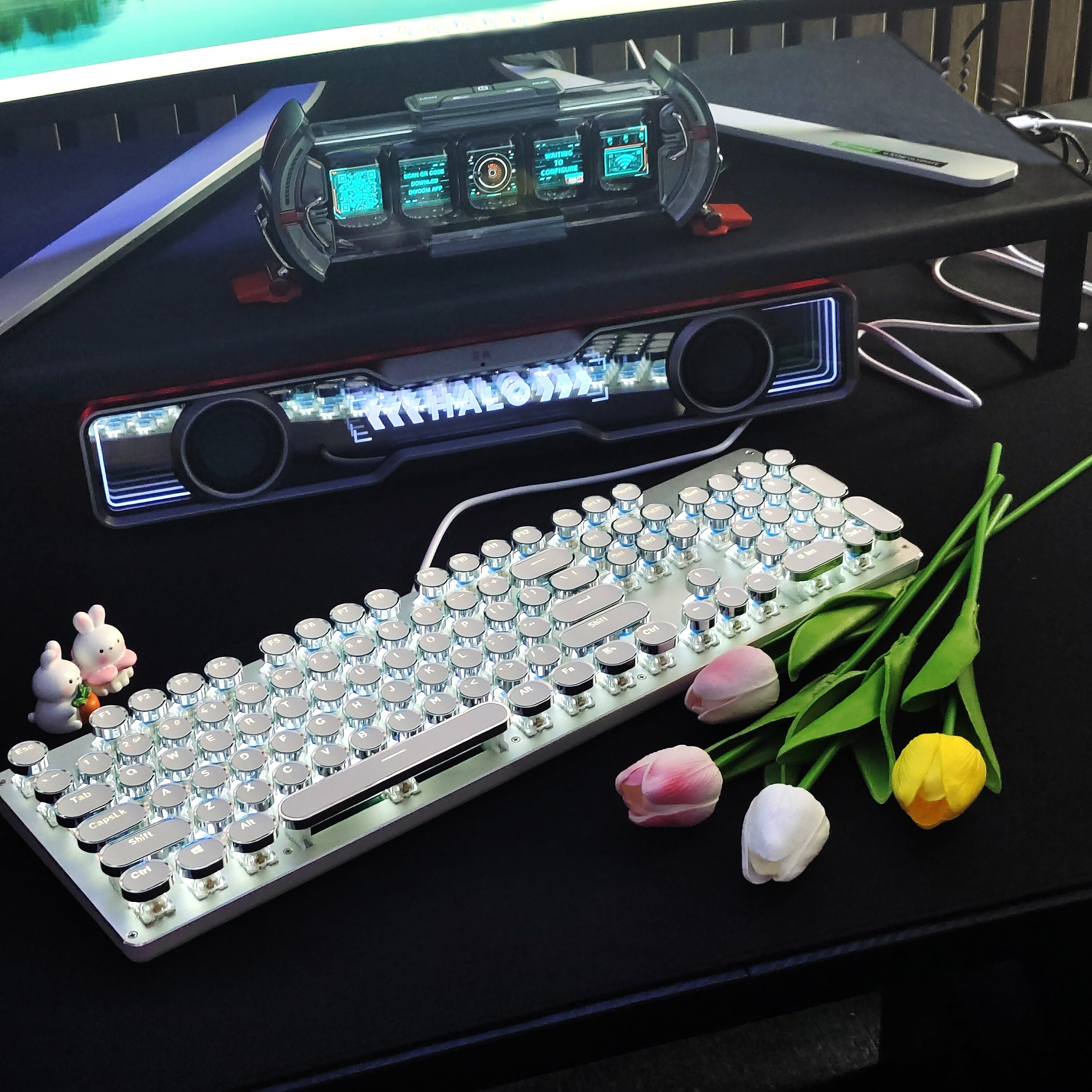 Teclado mecánico steampunk de 104 teclas con retroiluminación, USB cableado, todo de metal, para oficina y juegos, blanco