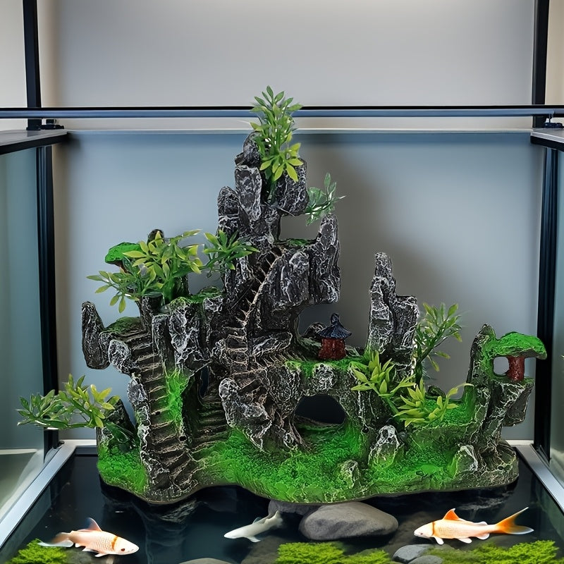 Resin Aquarium Decoration with Mountain Design and Miniature Plants