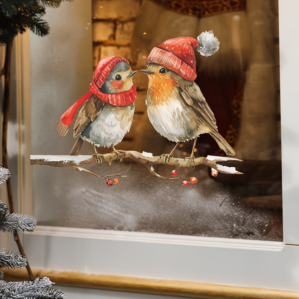 Decorative Christmas Window Decals Birds Red Berry Branches Glass Clings Self-Adhesive Holiday Decor