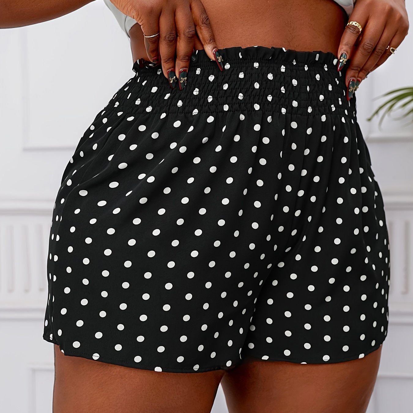 Шорты для женщин больших размеров с принтом в горошек, высокая талия, расклешённый силуэт, из неэластичного полиэстера