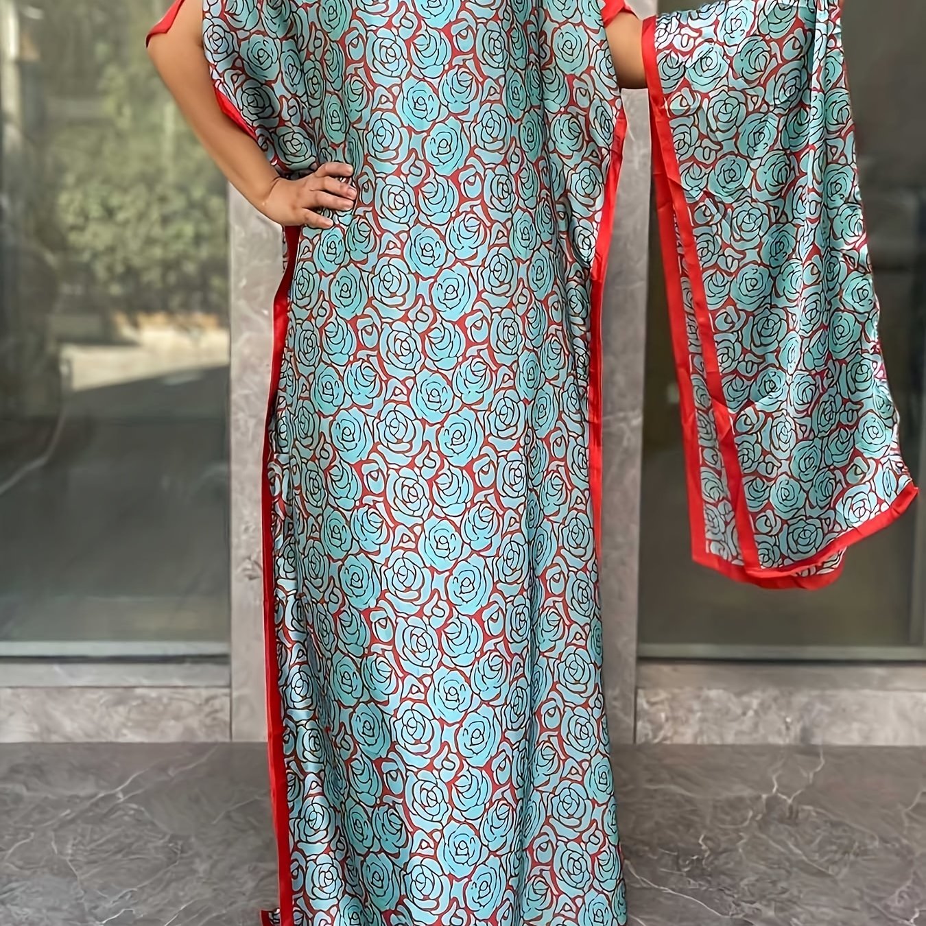 Women Plus Size Floral Print Tunic Dress With Scarf Short Sleeve Long Summer Polyester