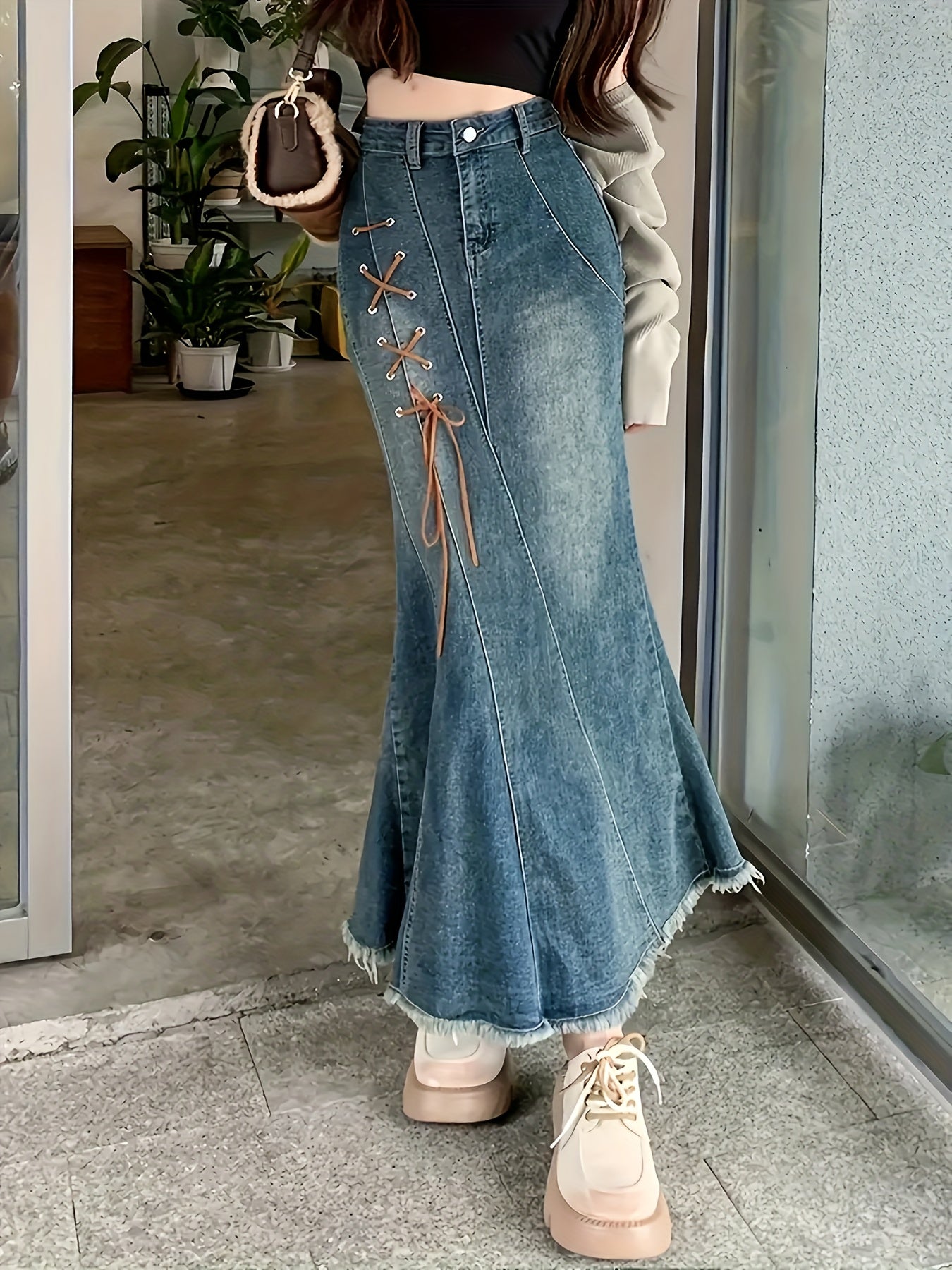 Plus Size Denim Skirt Lace Up Raw Hem Blue Maxi Mermaid Elegant Women's Clothing
