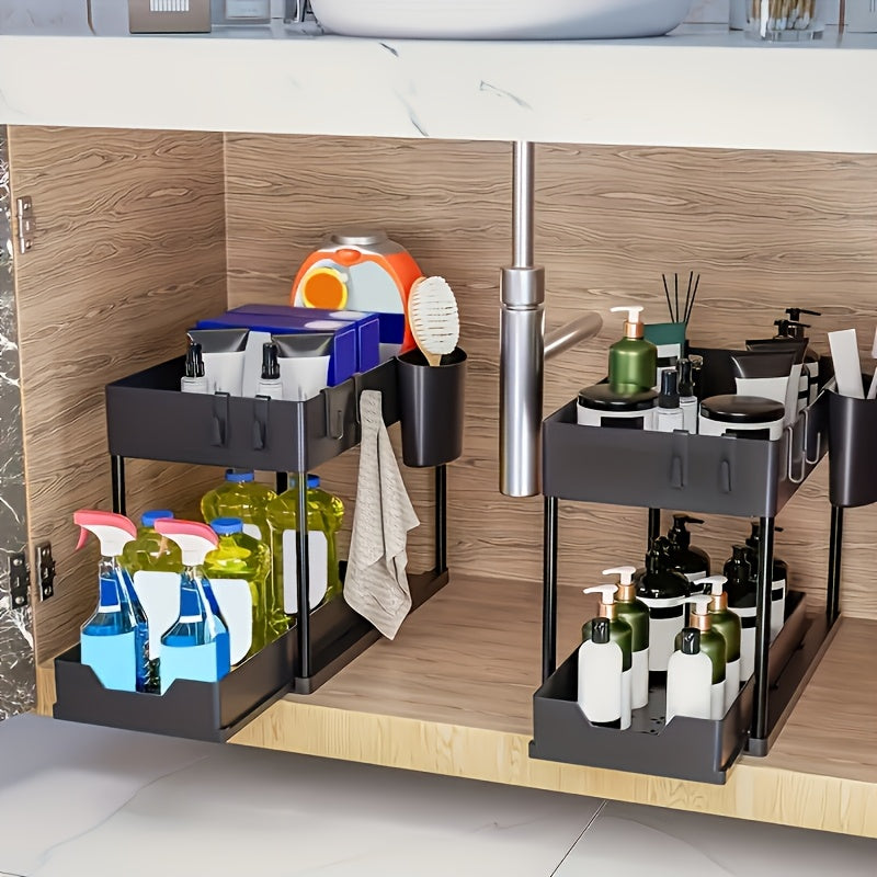 2-tier sliding drain storage box with utility hooks for kitchen bathroom organization