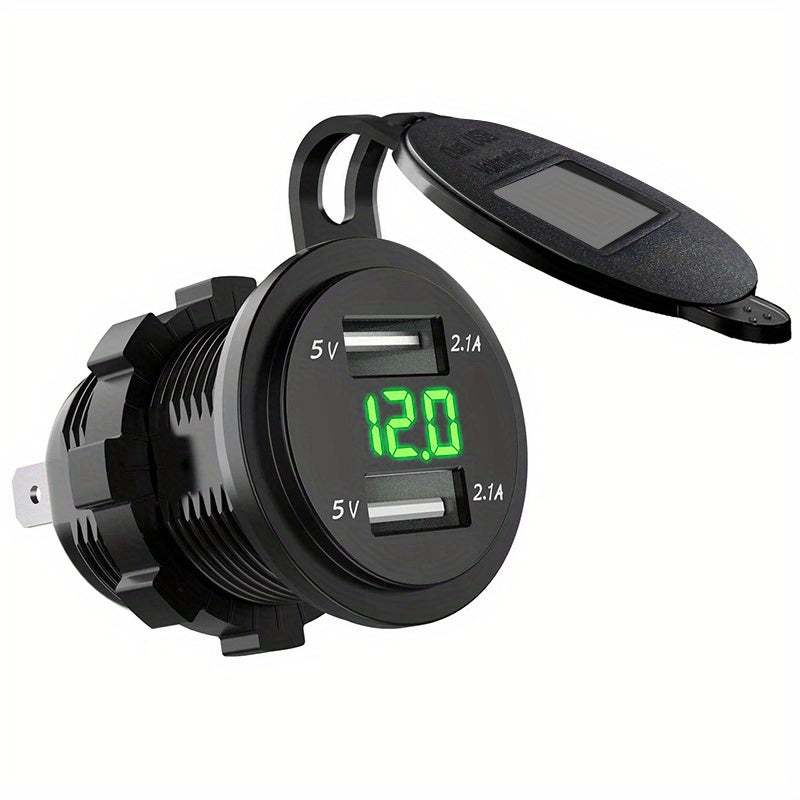 Dual USB Car Charger with Voltmeter for Boats and Motorcycles Black