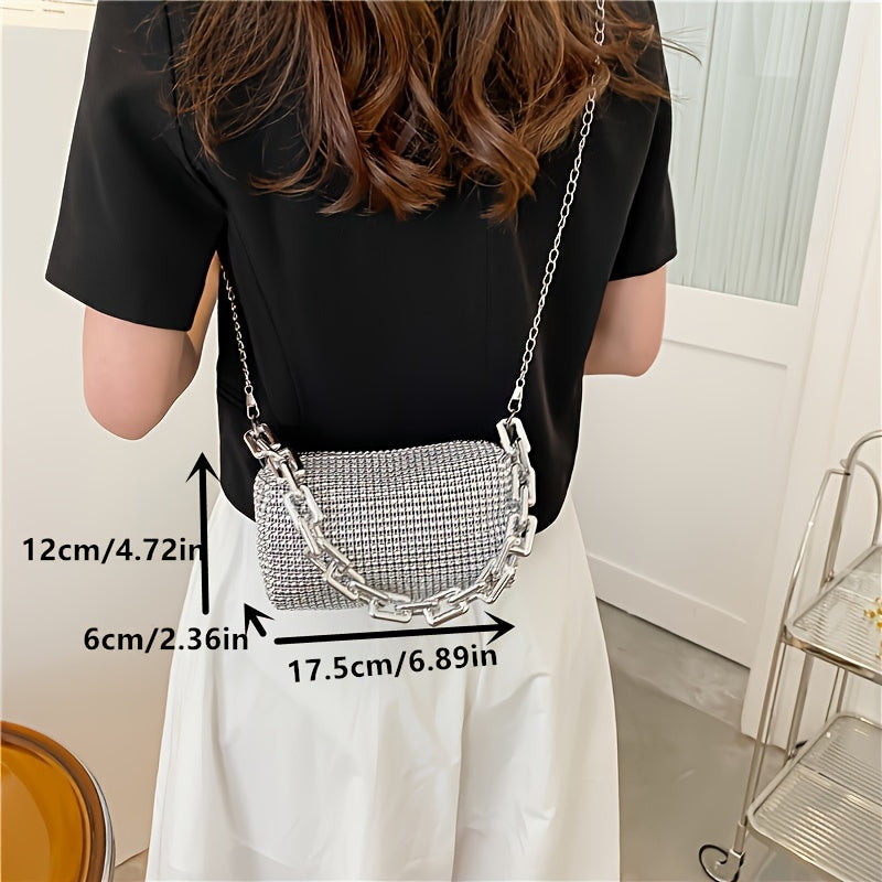 Silver Grey Glitter Evening Bag with Chain Strap and Zipper Closure