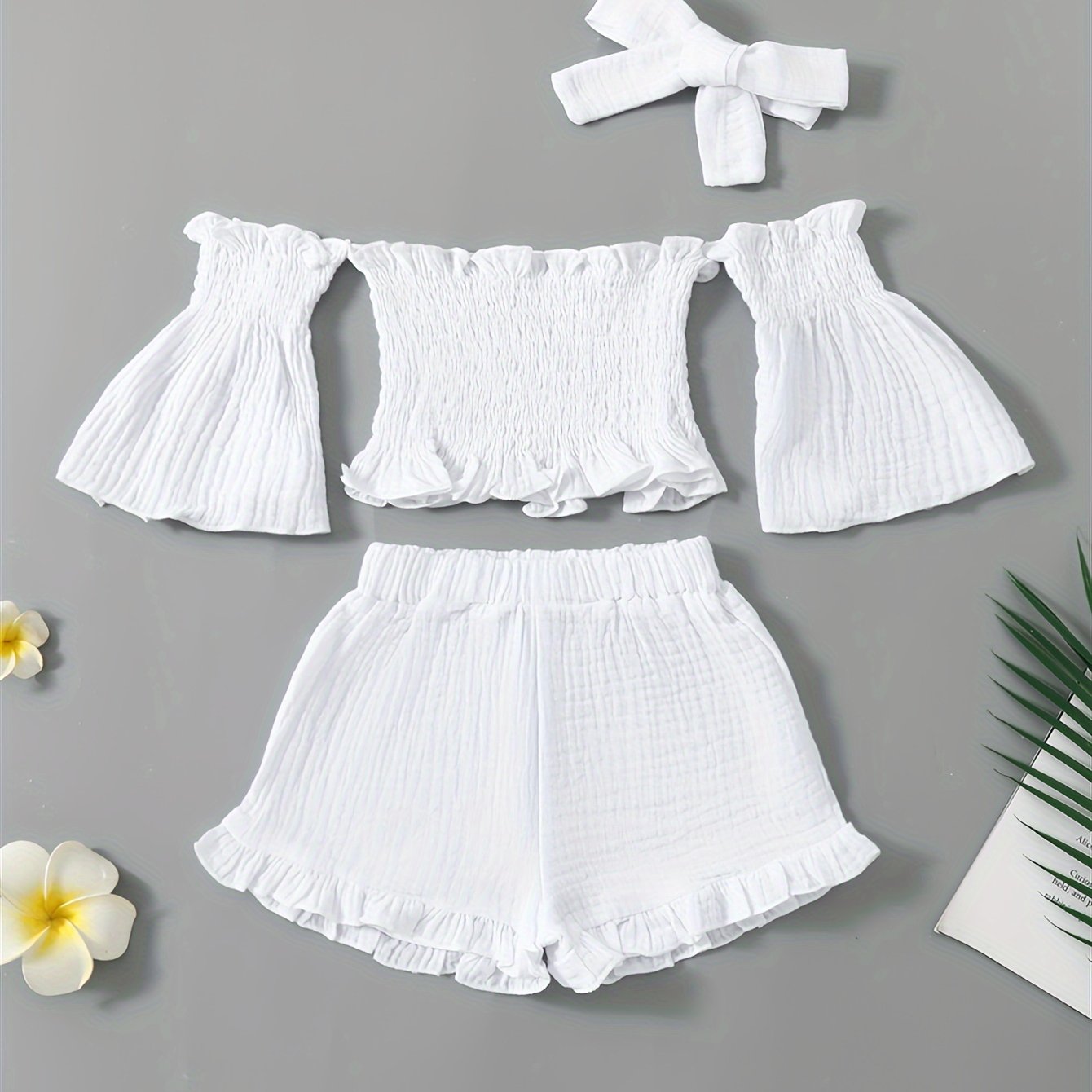 Girls Summer Outfit Set Off-Shoulder Top Denim Shorts Headband Cotton Casual Age 12 and Under