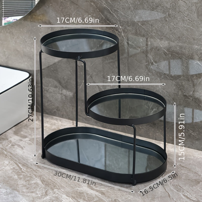 Golden Metal Cosmetic Organizer with 3 Tiers Marble Pattern Vanity Bathroom Storage