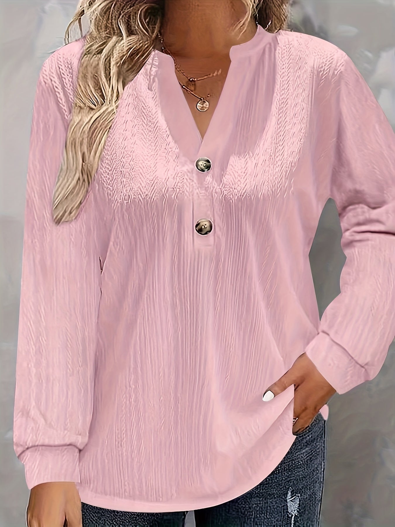 Pink Women's Long Sleeve V-Neck T-Shirt with Button Detail for Fall Winter