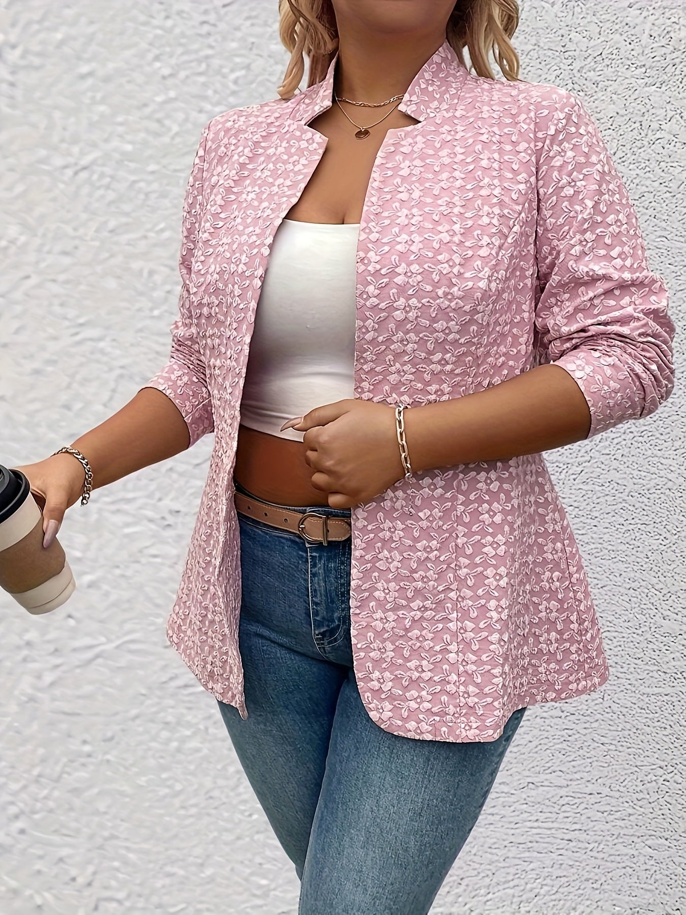Plus Size Women's Pink Jacquard Mid-Length Blazer Long Sleeve Solid Color