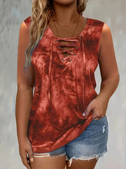 Women's V-Neck Sleeveless Tie-Front Top Red Abstract Print Summer Casual Beach Wear