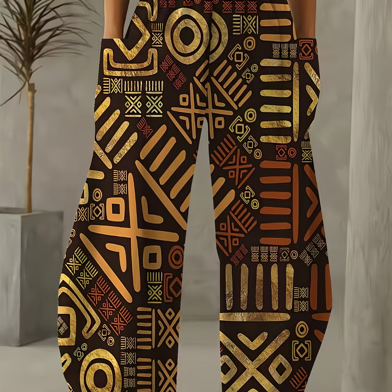 Women Wide Leg Pants Stretchy Polyester Vibrant Geometric Print