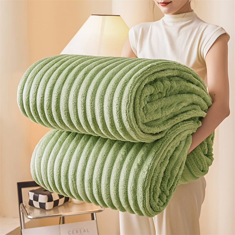 Faux Rabbit Fur Blanket Throw with Striped Flannel for Sofa Bed All-Season Comfort