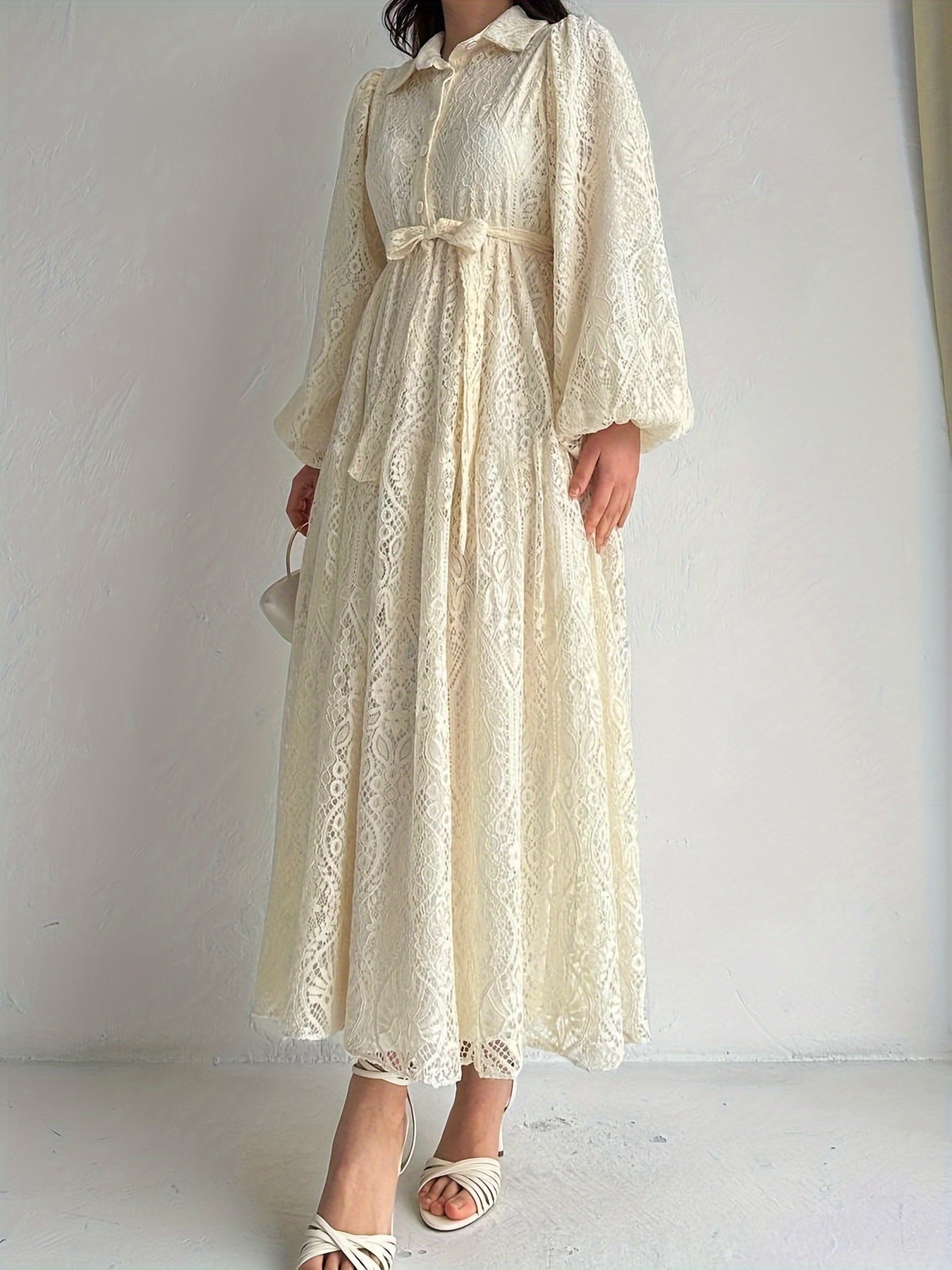 Women Middle Eastern Lace Collar Robe Dress Polyester Solid Color All Season