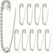 Set of Five Silver Rhinestone Safety Pins for Clothing and Accessories