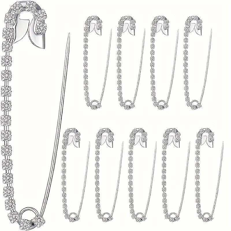 Set of Five Silver Rhinestone Safety Pins for Clothing and Accessories